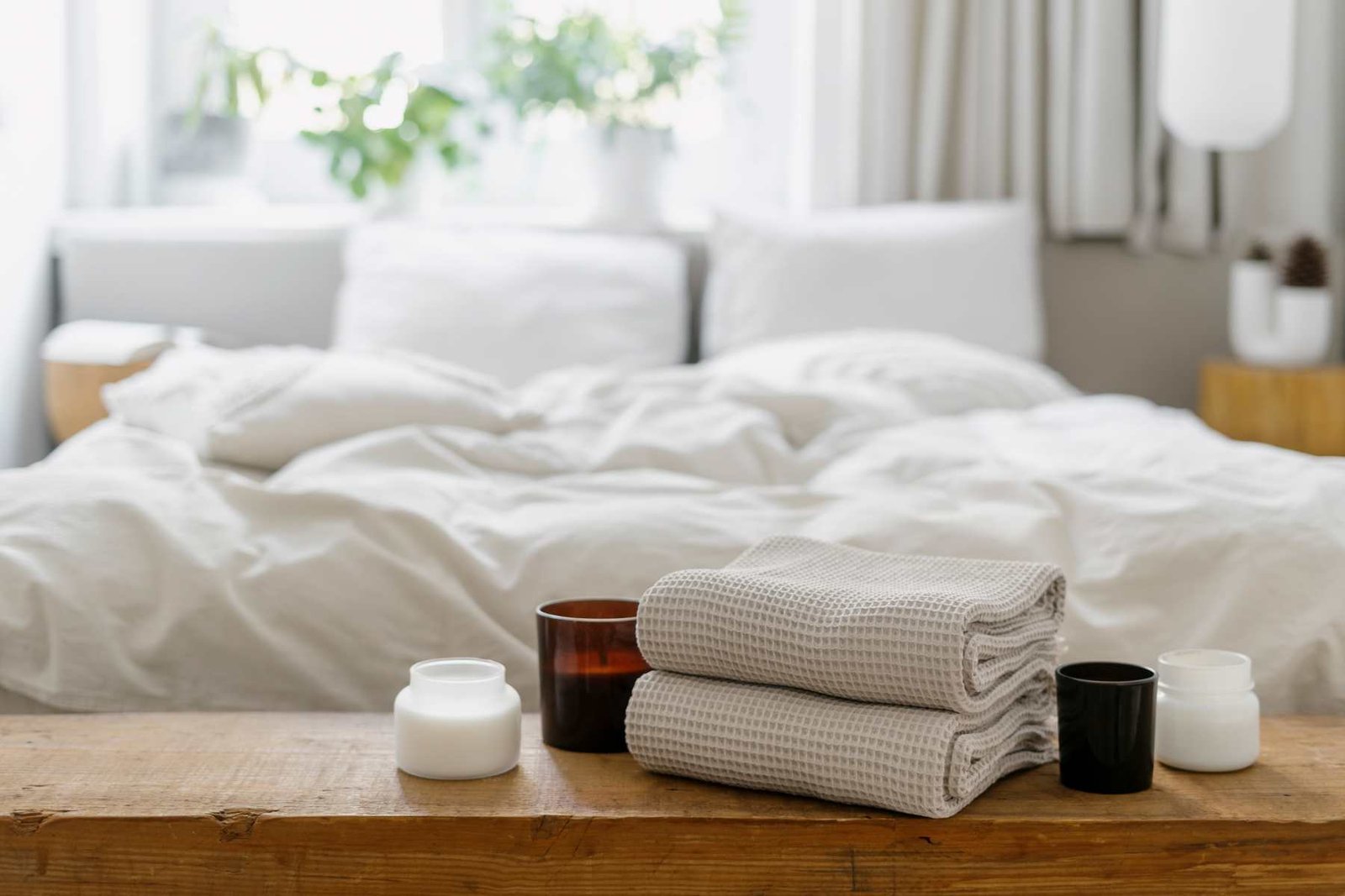 Bedside styling with folded linens and soft lighting