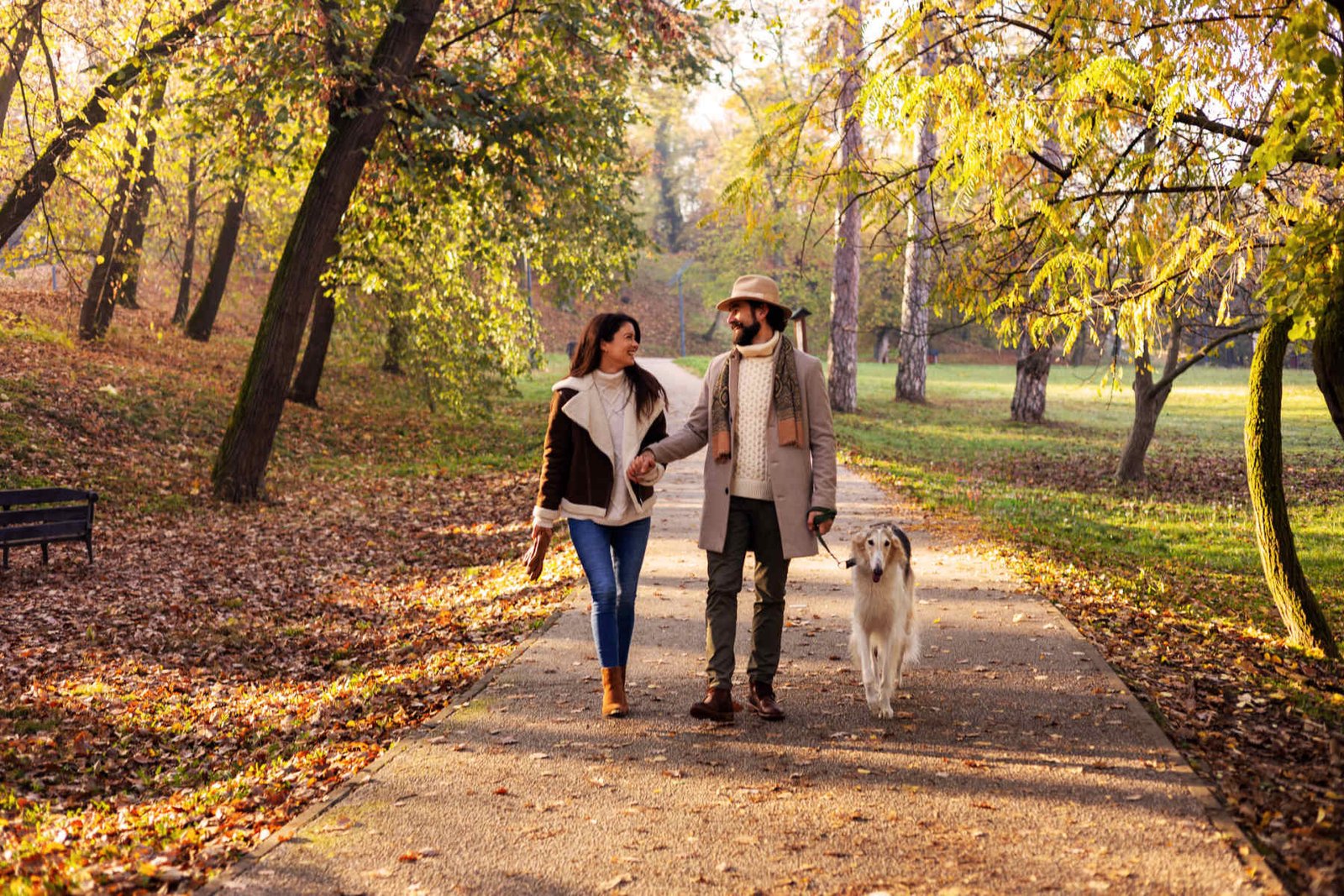 Couple walking their dog along a tree-lined path near Shelton, Connecticut
